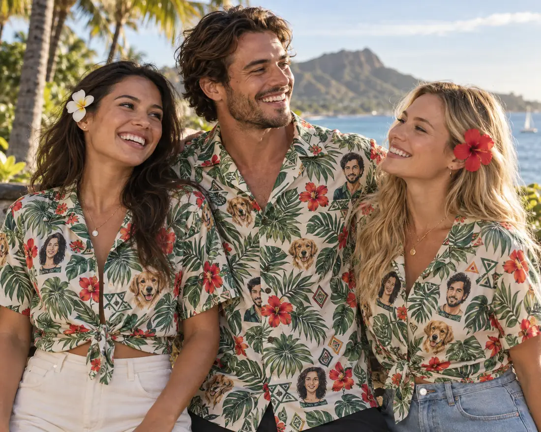 Fictional adults wearing tropical shirts with face and pet motifs
