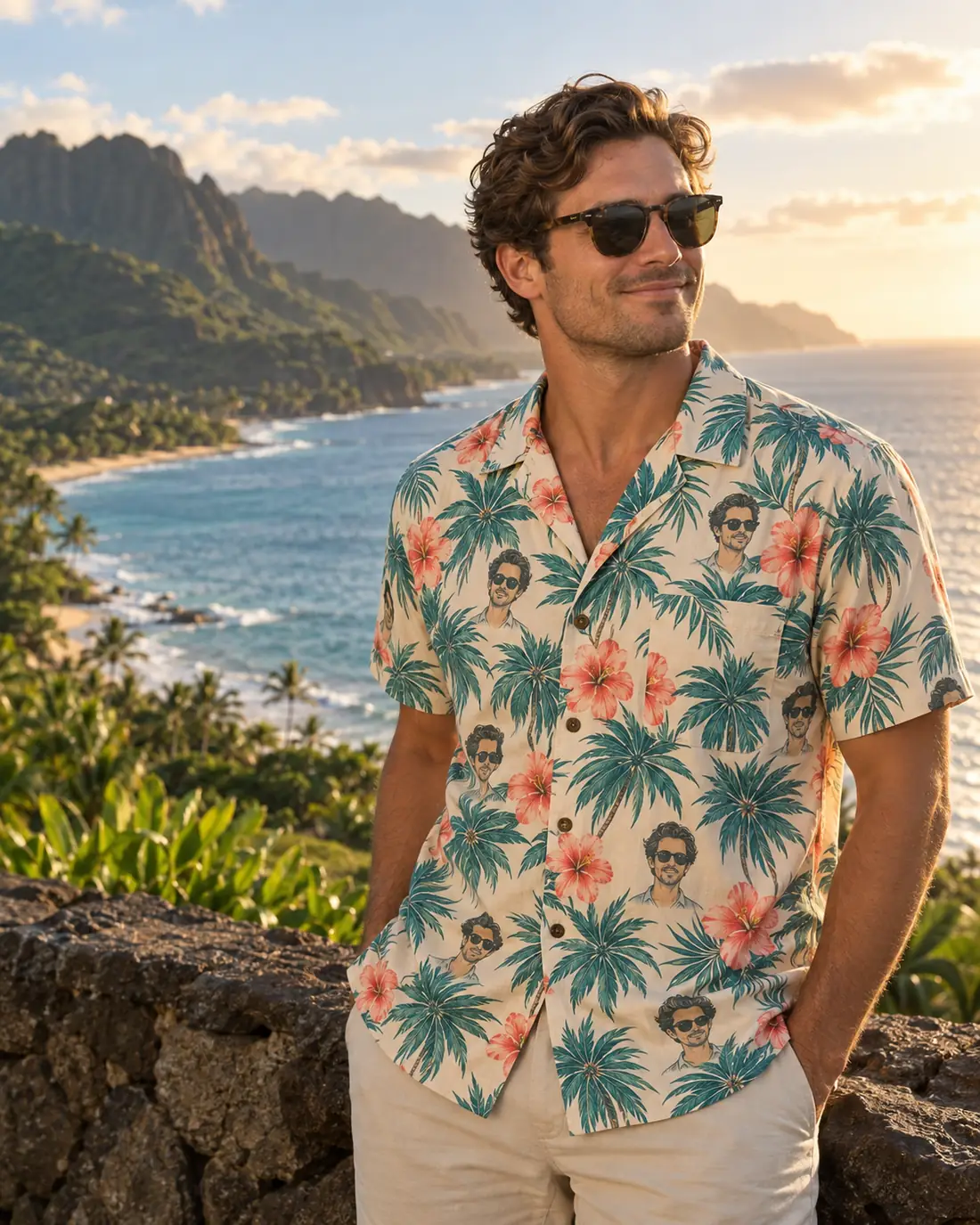 Fictional adult in a face print tropical shirt beside the ocean