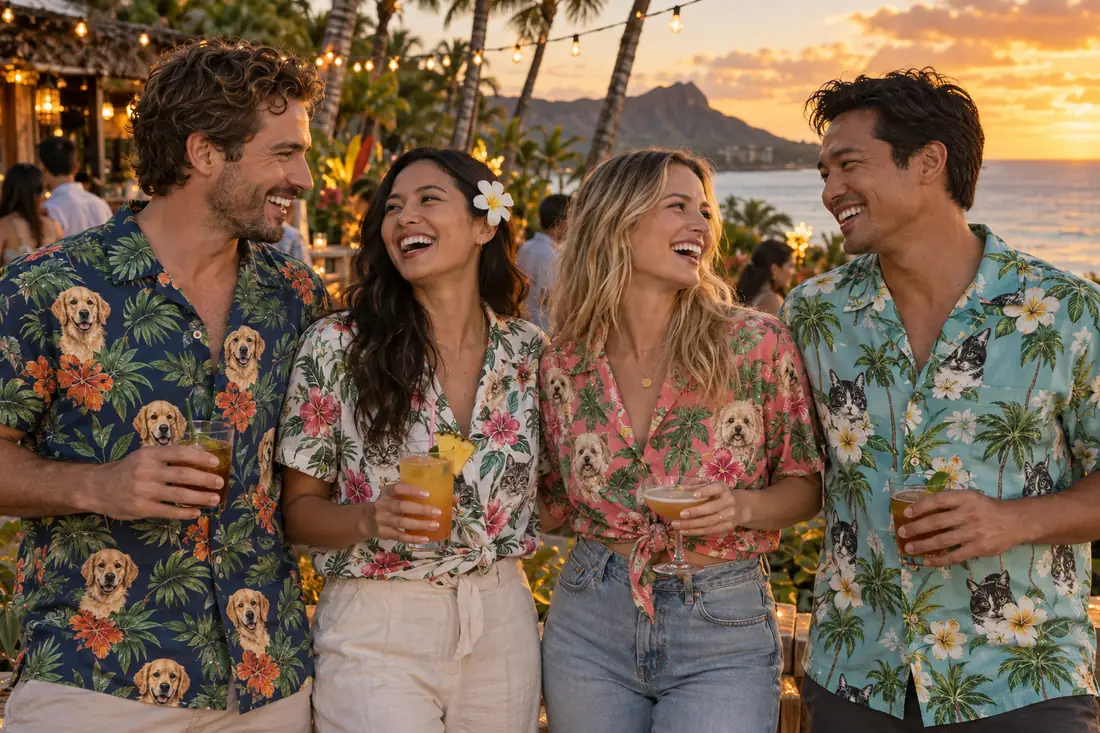 Fictional adults laughing in tropical shirts at an outdoor party