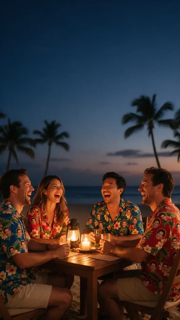 Fictional adult friends in tropical print shirts sharing a seaside dinner at sunset