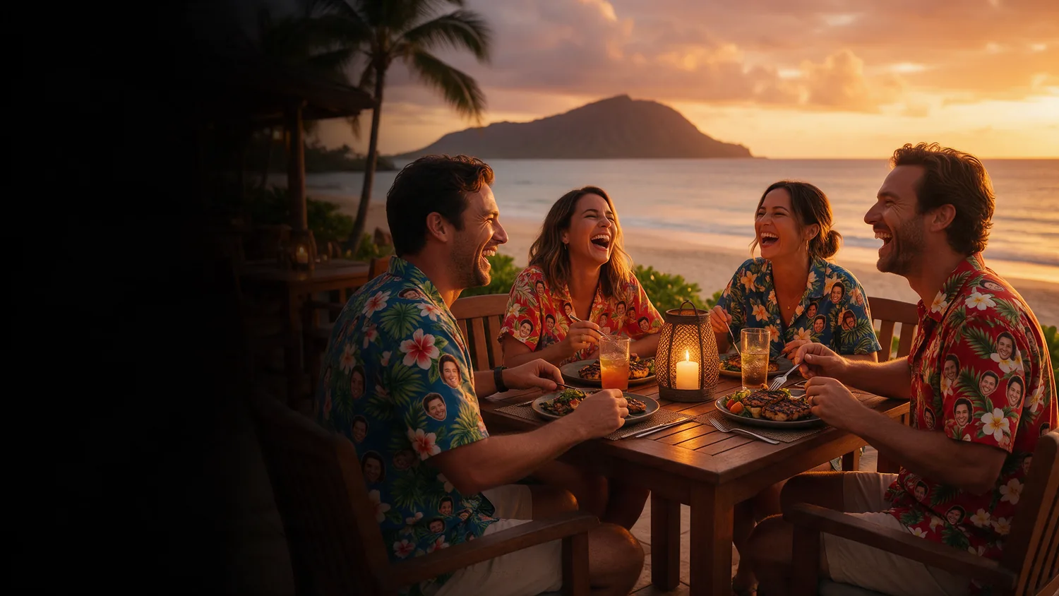Fictional adult friends in tropical print shirts sharing a seaside dinner at sunset