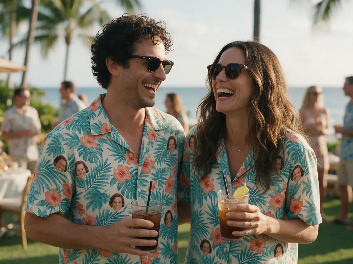 Fictional adult friends in portrait print tropical shirts at an outdoor gathering